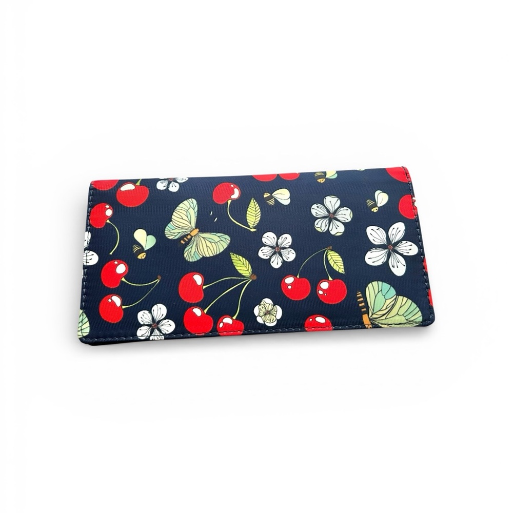 RFID Cherry Print Long Wallet Navy Floral Butterfly Card Holder